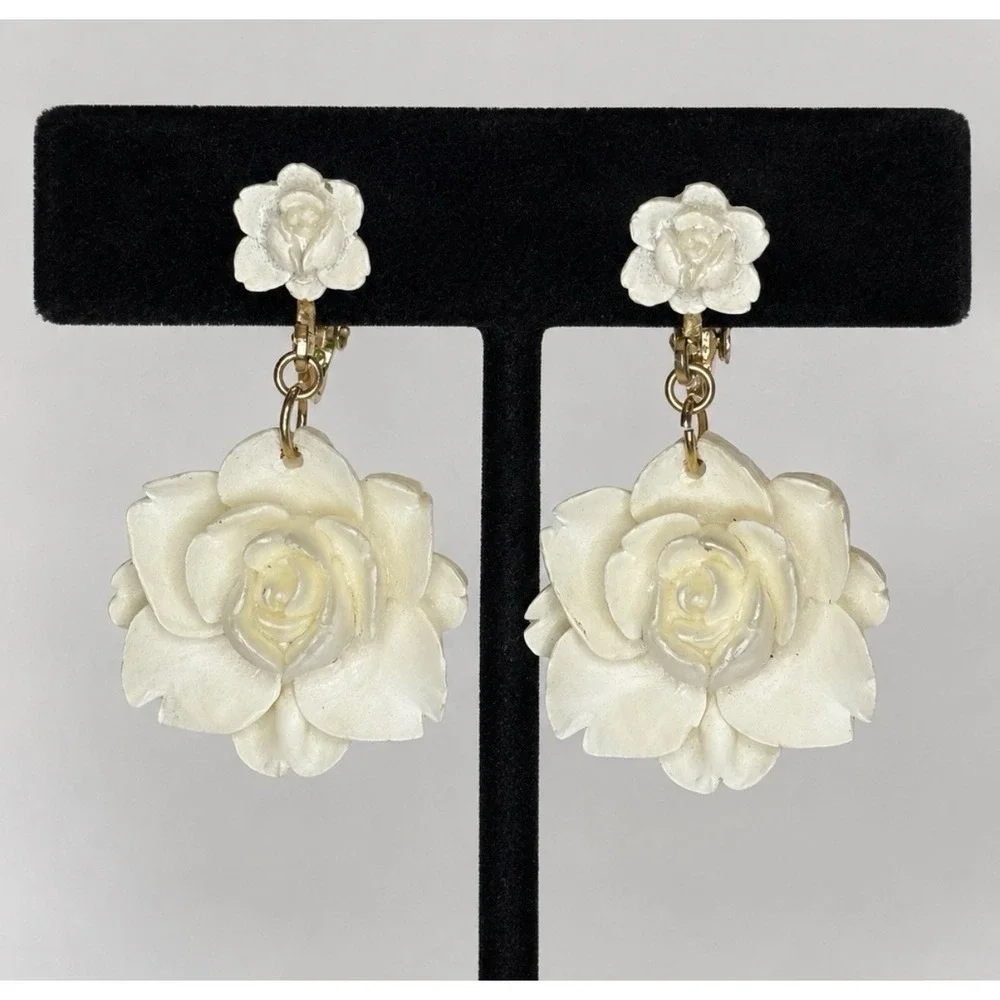 Vintage Hand Carved White Rose Dangle Clip On Earrings Floral Celluloid Resin